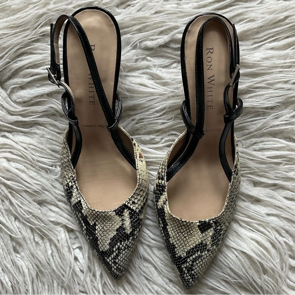 Ron White Black Snake Embossed Leather Slingback Pointed Toe Pumps EUC Size 37.5